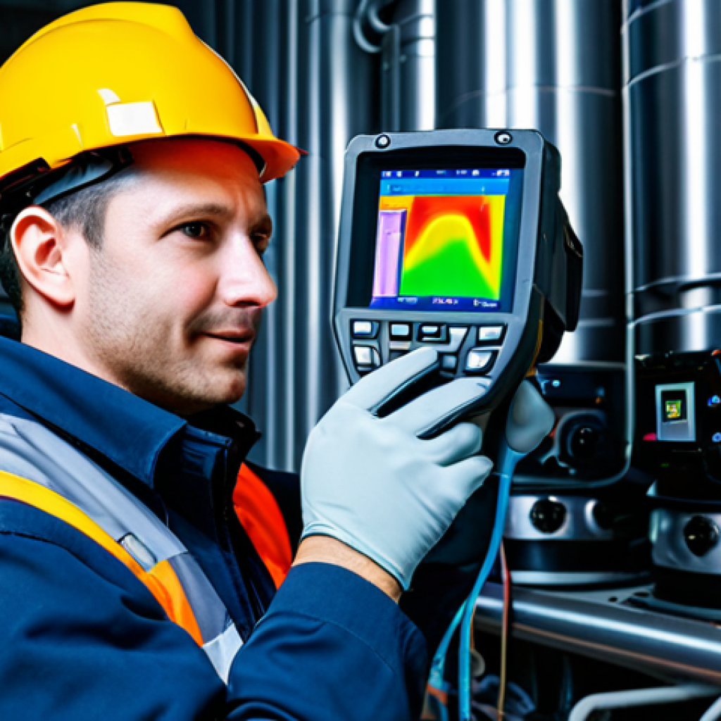 **

"A professional maintenance engineer, fully clothed in appropriate work attire, using a thermal imaging camera to inspect electrical equipment in a power plant. Focus on the engineer and the equipment, showing the thermal imaging display. Safe for work, professional, perfect anatomy, correct proportions, natural pose, high quality, well-formed hands, proper finger count, appropriate content, family-friendly."

**