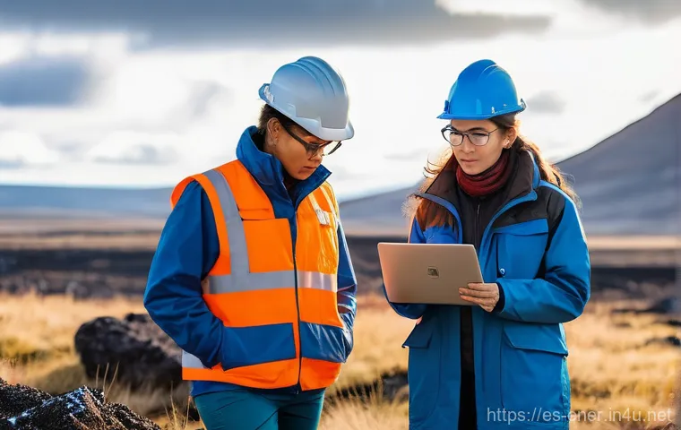 에너지기술 경력 관리법 - **Renewable Energy Exploration in a Geothermal Landscape**
    A wide shot of a diverse team of two,...