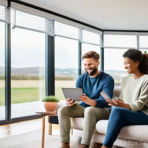 에너지 설비 최적화 방법 - **Prompt:** A diverse adult couple, dressed in comfortable, stylish clothing, is seated on a modern ...