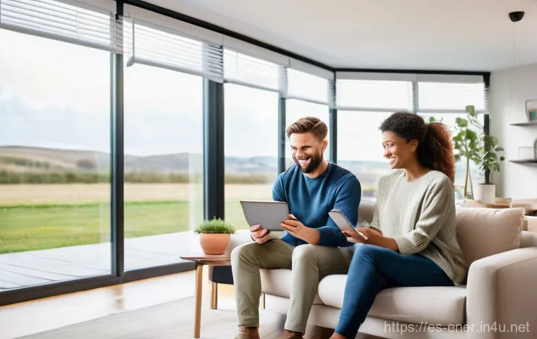 에너지 설비 최적화 방법 - **Prompt:** A diverse adult couple, dressed in comfortable, stylish clothing, is seated on a modern ...