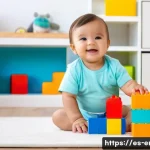 에너지기술자 취업 면접 질문 정리 - **A toddler (wearing a diaper) playing with colorful building blocks in a brightly lit nursery. Soft...