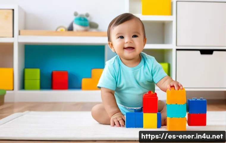 에너지기술자 취업 면접 질문 정리 - **A toddler (wearing a diaper) playing with colorful building blocks in a brightly lit nursery. Soft...