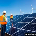 Home 18 에너지기술 관련 직무 트렌드 - A modern solar and wind energy installation site in Spain during a bright sunny day, featuring skill...