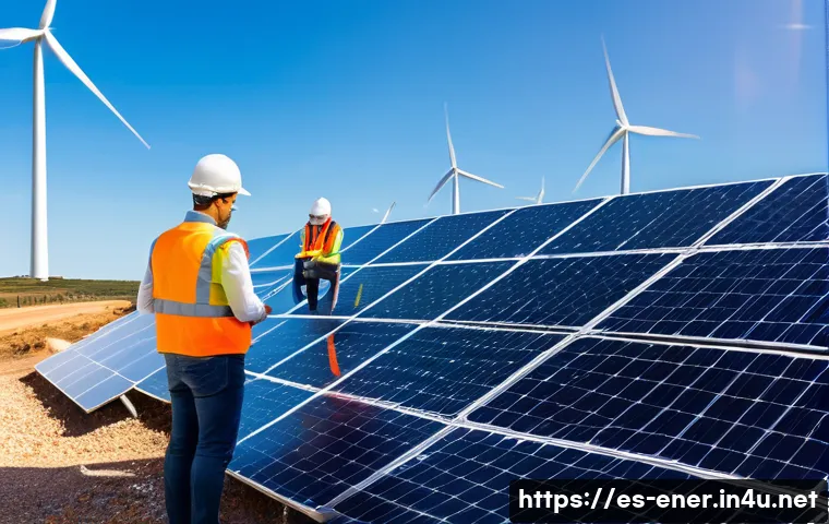 에너지기술 관련 직무 트렌드 - A modern solar and wind energy installation site in Spain during a bright sunny day, featuring skill...