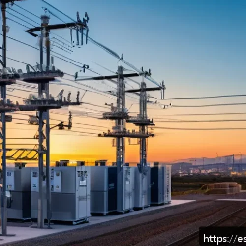 Home 16 에너지 설비 고장 진단법 - A high-tech electrical substation at sunset in Spain, featuring smart IoT sensors visibly mounted on...