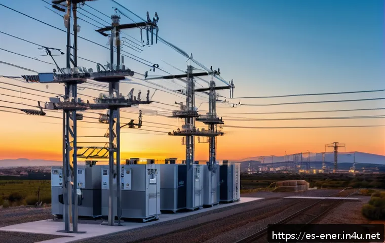 에너지 설비 고장 진단법 - A high-tech electrical substation at sunset in Spain, featuring smart IoT sensors visibly mounted on...
